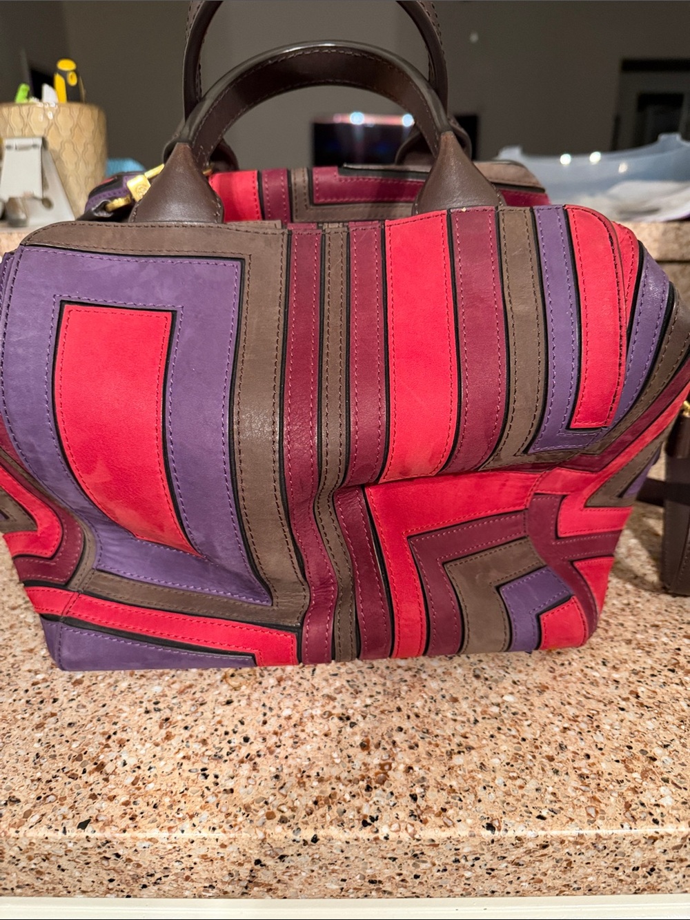Patchwork Suede Leather Tote in Red, Purple & Brown